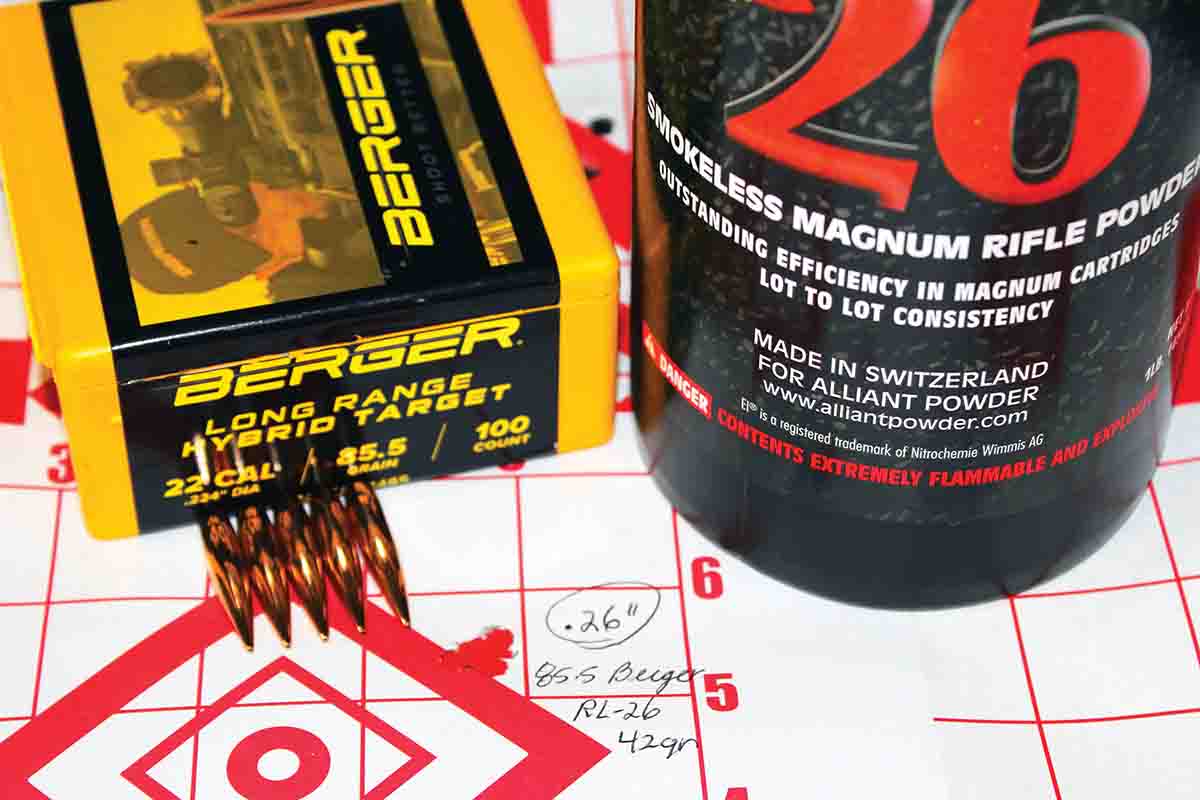 One of the best groups of the entire .22 Creedmoor load test included Berger’s 85.5-grain Long Range Hybrid Target bullet over 42 grains of Alliant Reloder 26. The group measured .26 inch center-to-center.